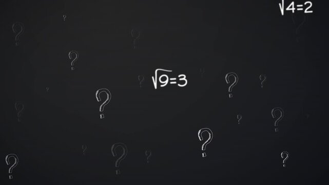 Multiple question mark symbols and mathematical equations floating against grey background