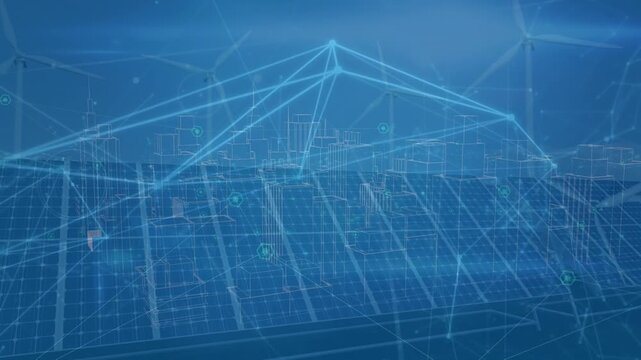 Animation of network of connections and digital cityscape over solar panels and wind turbines