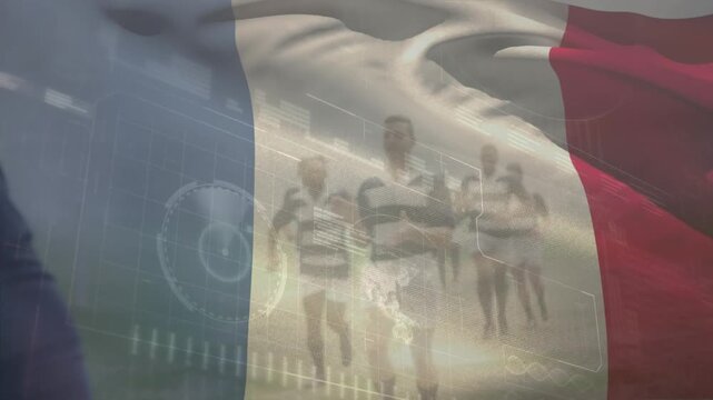 Animation of flag of germany waving over caucasian woman wearing face mask in city street