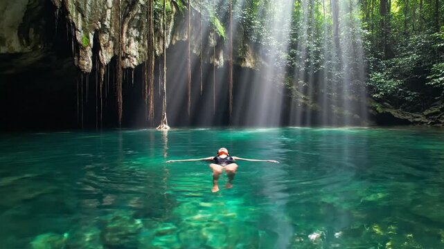 Woman swimming in a beautiful cenote with sun rays piercing through the jungle canopy.
