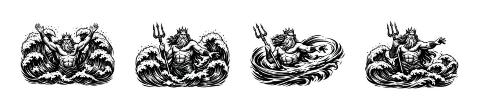 Poseidon or neptune god of the sea vector silhouette illustrations with trident and waves