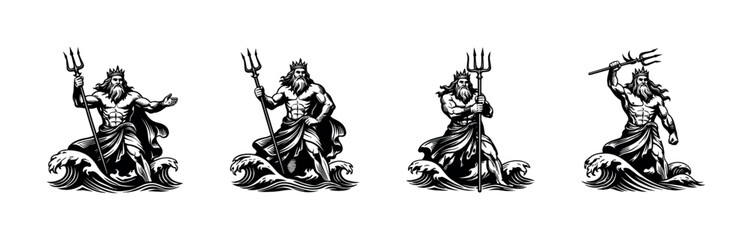 Obraz premium Poseidon god vector illustration set, mythological ocean warrior silhouette, black and white clipart