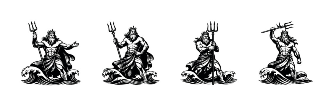 Poseidon god vector illustration set, mythological ocean warrior silhouette, black and white clipart