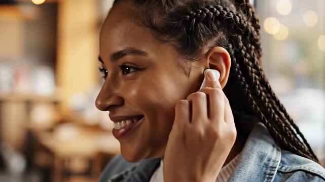 Young african american woman putting on white wireless earphone. Girl enjoying digital music with gadget in cafe. Communication technology and leisure lifestyle.