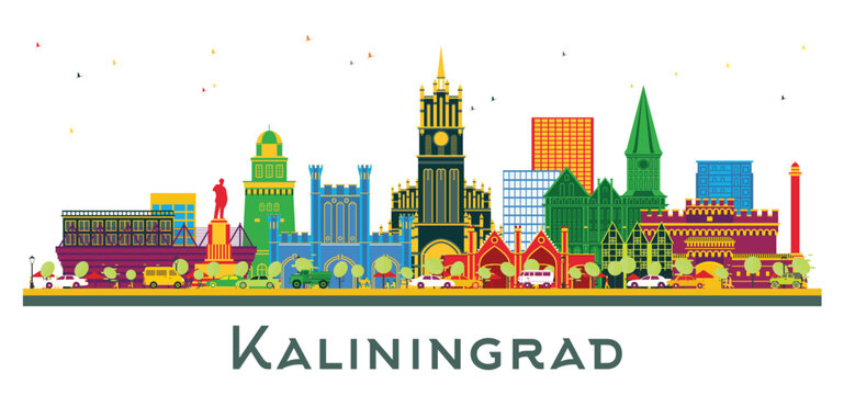 Kaliningrad Russia City Skyline with Color Buildings isolated on white. Illustration. Business Travel and Tourism Concept with Historic Architecture. Kaliningrad Cityscape with Landmarks.