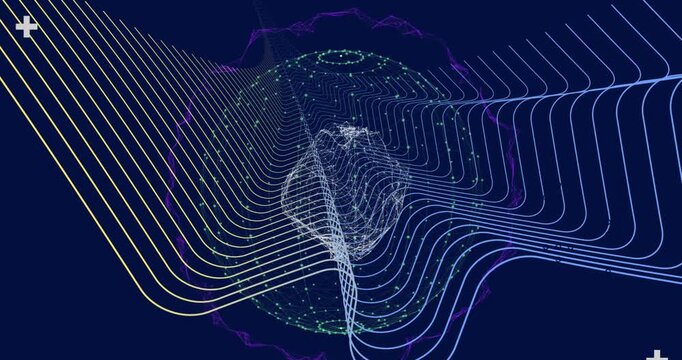 Animation of abstract waves with connecting the dots pattern and globe