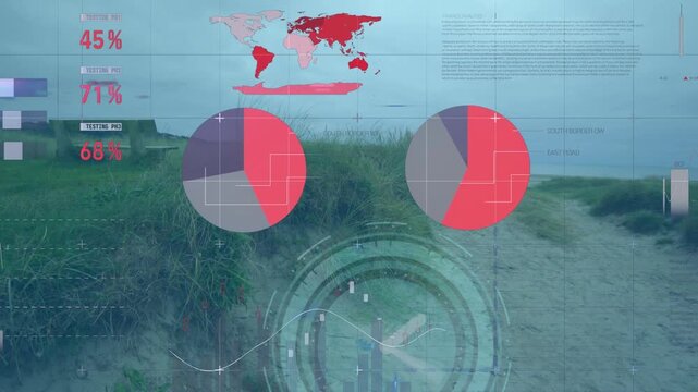 Animation of clock moving fast and statistics data processing over cityscape