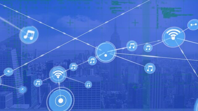 Animation of network of connections with icons and data over cityscape