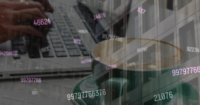 Animation of financial data processing over office building and caucasian woman using laptop