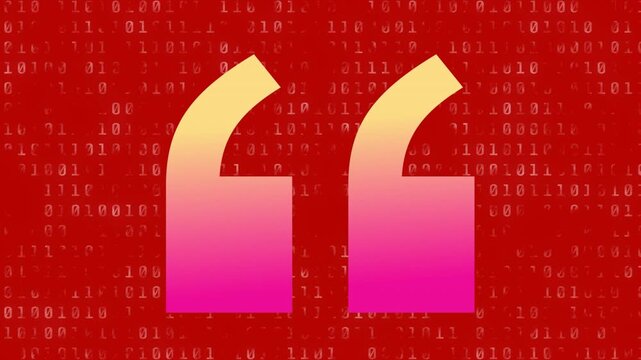 Animation of gradient quotation marks symbol over binary coding data processing on red background