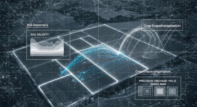 Aerial view of agricultural field with digital overlay data visualization