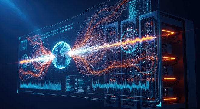 Digital server room with holographic earth and data streams