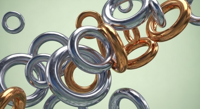 Interlocking metallic torus rings in silver and gold abstract art