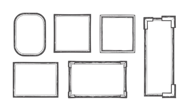Six Hand Drawn Dark Grey Frames of Various Shapes and Sizes White border rectangle