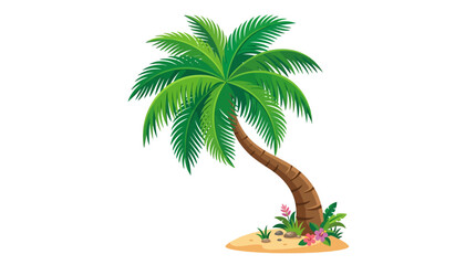 Obraz premium Vibrant Palm Tree Illustration on Sandy Island with Tropical Flowers.