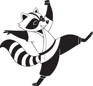 Minimalist Kung Fu Raccoon Mascot in Fighting Pose Black and White Vector