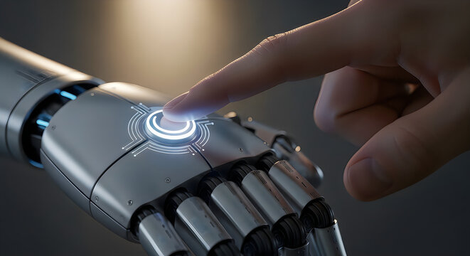 A human finger pressing a glowing power button on the metallic surface of a futuristic robot hand