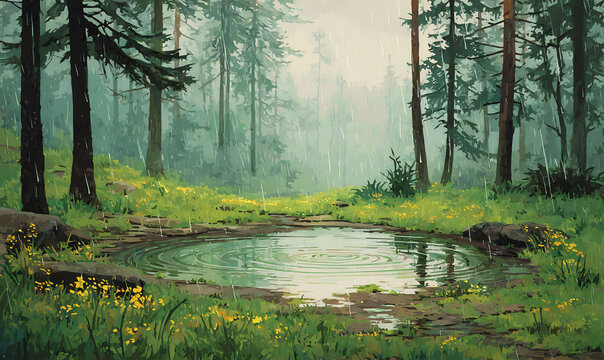 Rustic Serene scene gentle rain falling