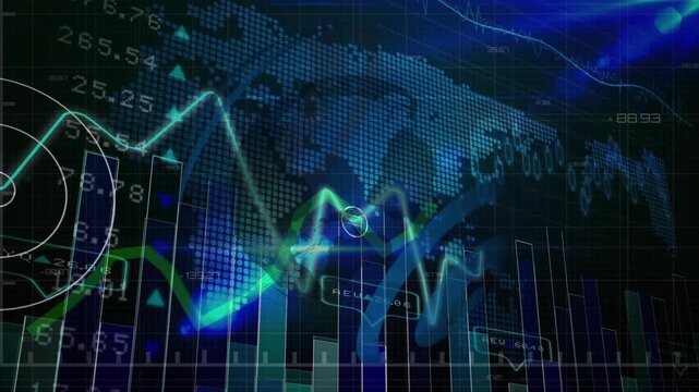 Animation of financial data processing over world map and globe on black background