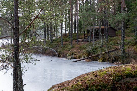 Windbreak and fire place near icy lake in forest