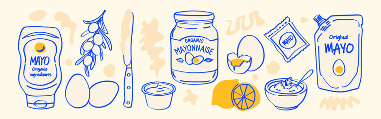 Hand drawn mayonnaise and ingredients vector set in minimalist Mediterranean style. Organic mayo packaging illustrations for food branding, labels and menus.
