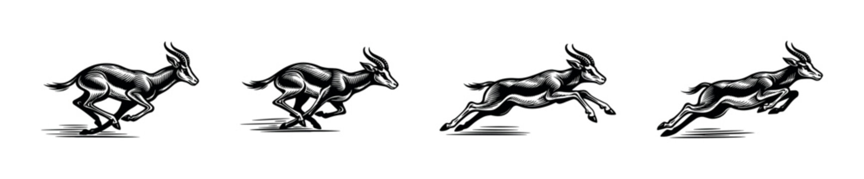 Dynamic running antelope silhouette vector illustration black and white wildlife art