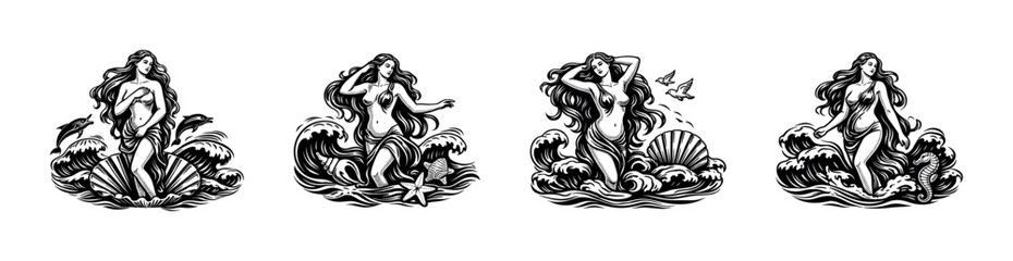 Fototapeta premium Vintage style mermaid and ocean illustrations set, black and white silhouette vector elements