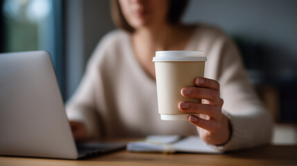Woman holding paper coffee cup near laptop during remote work session Modern work from home concept featuring a close-up of a woman at her desk holding a disposable coffee cup besi