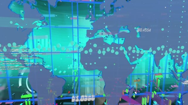 Animation of financial data processing over world map against blue background