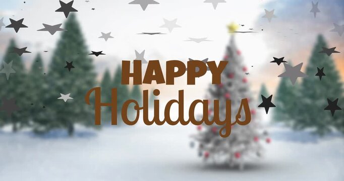 Animation of stars icons falling over happy holidays text banner against white christmas tree