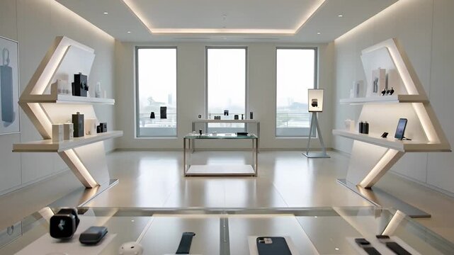 Modern interior with display cases and bright lighting for commercial use