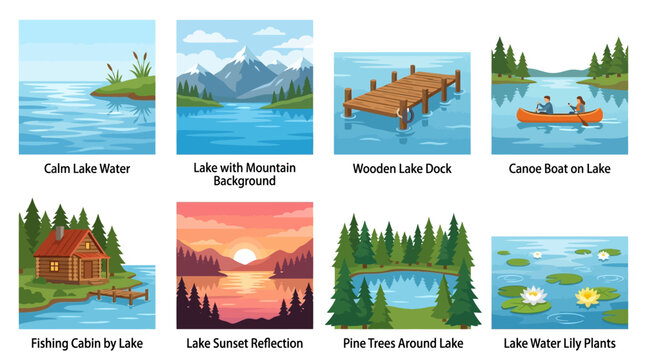 Serene lake scene with vector illustrations of calm water, mountains, wooden dock, canoe, and surrounding pine trees reflected in the lake's surface.