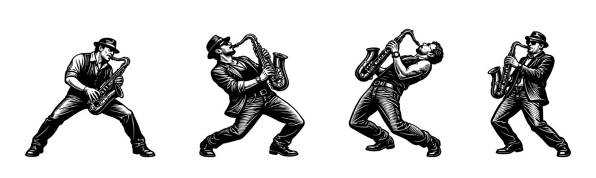 Black and white illustration of jazz musicians playing saxophones vector silhouette music theme