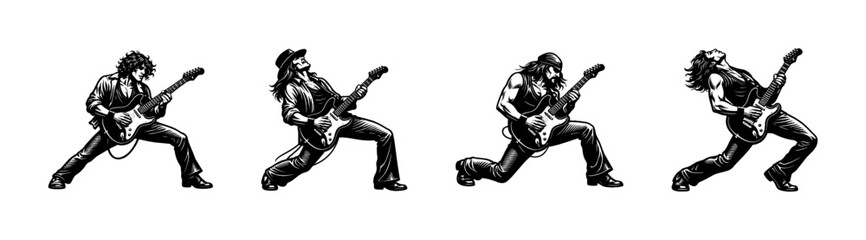 Obraz premium Vintage rock guitarist silhouette vector, set of four musicians playing electric guitars illustration
