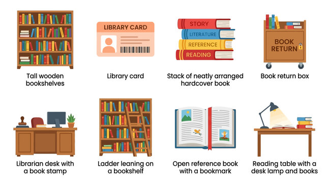 Vector illustration of a library interior with tall wooden bookcases, librarian desk, and reading table with vector books and library cards on a wooden floor with shelves.