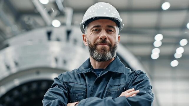 Industrial worker in hard hat standing in a factory. Engineer portrait with arms crossed against heavy machinery. Professional manufacturing site staff concept.