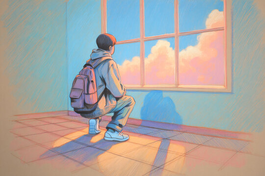 Boy with Backpack Daydreaming Near a Window