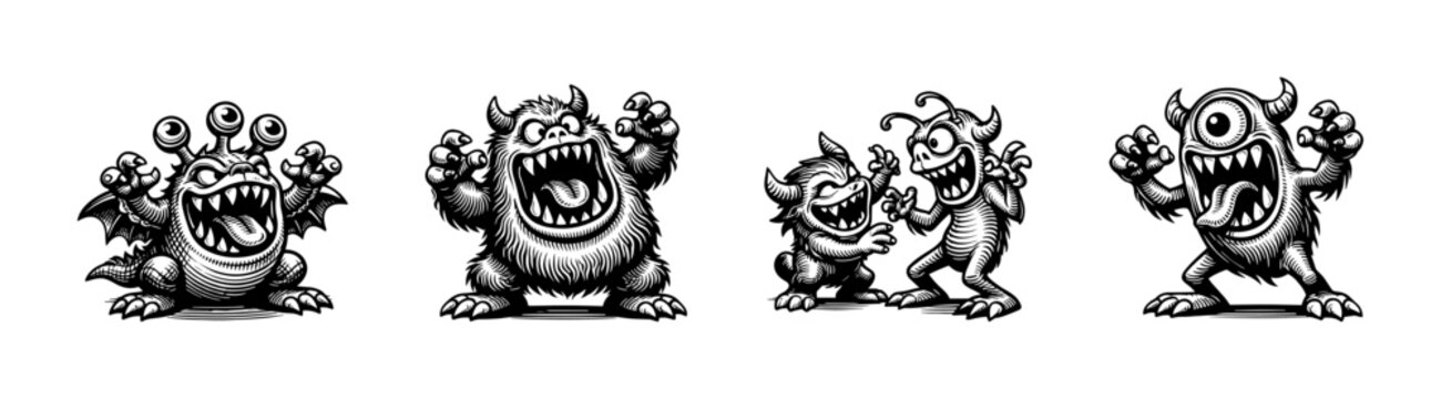 Black and white cartoon monster silhouette vector illustration