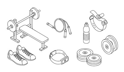 Fototapeta premium Isometric workout gear icons gym accessories fitness vector illustration set