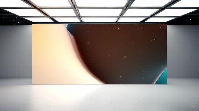 A slow horizontal track glides past vibrant teal, orange, brown, and grey abstract forms on a colossal digital display in a futuristic studio, embodying digital transformation concept