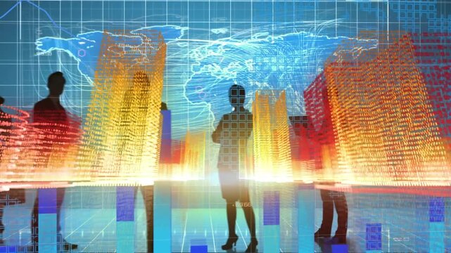 Animation of 3d building structures over silhouette of businesspeople against world map