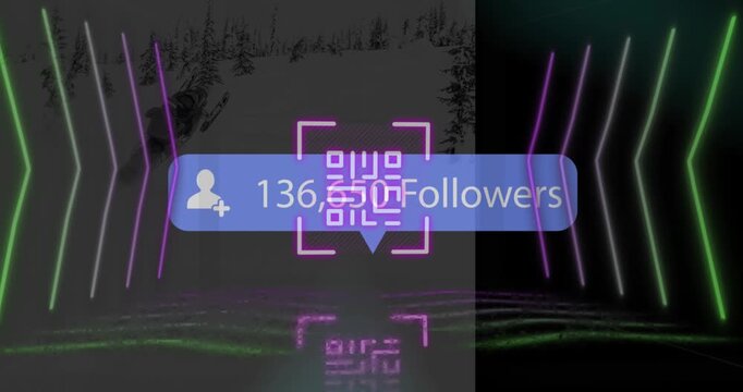 Animation of media icon and qr code over landscape