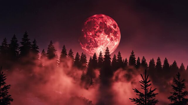 Full blood moon rising over dark coniferous forest at night. Mystical foggy landscape with red light. Creepy woodland scenery for halloween holiday concept.