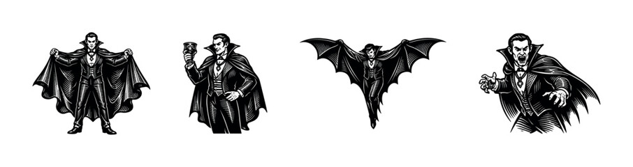 Obraz premium Gothic vampire characters vector illustration set, black and white silhouette, clipart elements