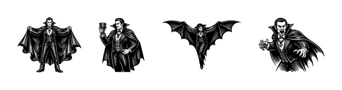 Gothic vampire characters vector illustration set, black and white silhouette, clipart elements