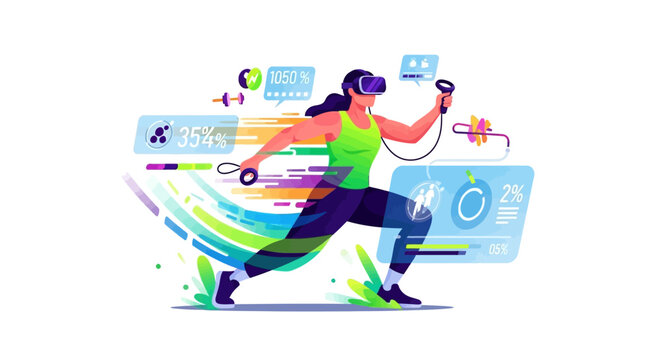 Woman exercising with virtual reality headset and controllers.