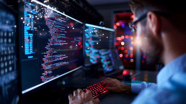 modern cybersecurity office with panoramic view of server infrastructure, dual and triple monitors filled with code and security dashboards, glass-enclosed data center, professiona