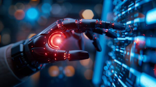 high-tech production facility with robotic arms and electronic assembly, engineer supervising automation system, holographic UI projections over machinery, digital twin concept, cy