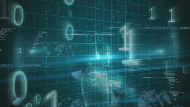 Animation of binary coding and data processing over 3d model of human