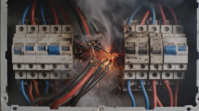Electric short circuit causing electrical failure in circuit breaker panel. Danger of fire and equipment damage from arc flash explosion in industrial power system.